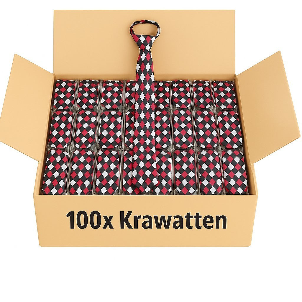 Aktion 100x Krawatte Schwarz Weiß Rot Rauten Schmal Satinoptik Herren Großhandel
