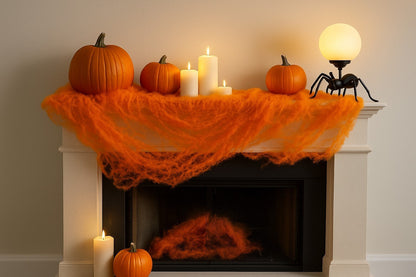 Halloween Deko Box Set Spinnennetz Orange 700g - Tischdecke Orange - Laubsäcke