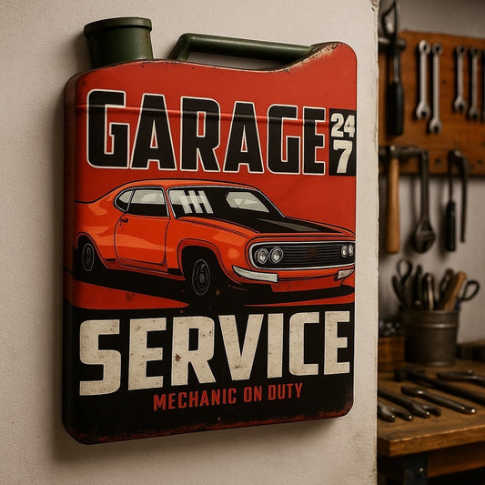 Blechschild Garage 24/7 Service Deko Schild Werkstatt 46x35 cm Vintage Kanister