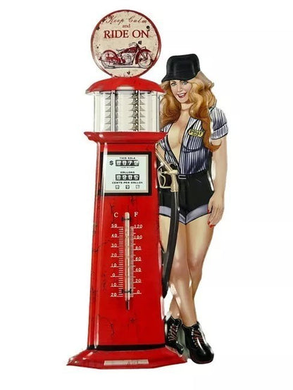Blechschild mit Thermometer Ride On Pin Up Girl 48x20 cm Hobbyraum Man Cave Deko