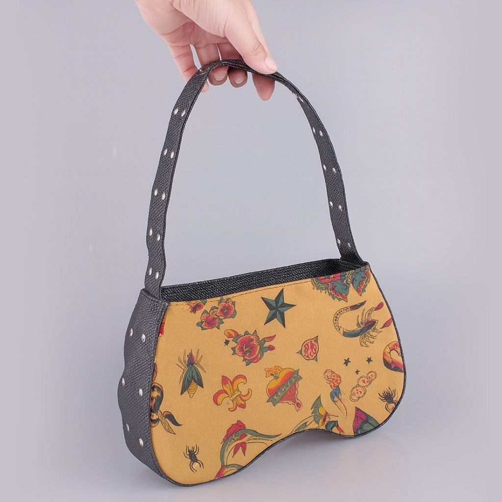 Handtasche Tattoo Beige Damentasche Vintage Rockabilly Oldscool Nieten Retro