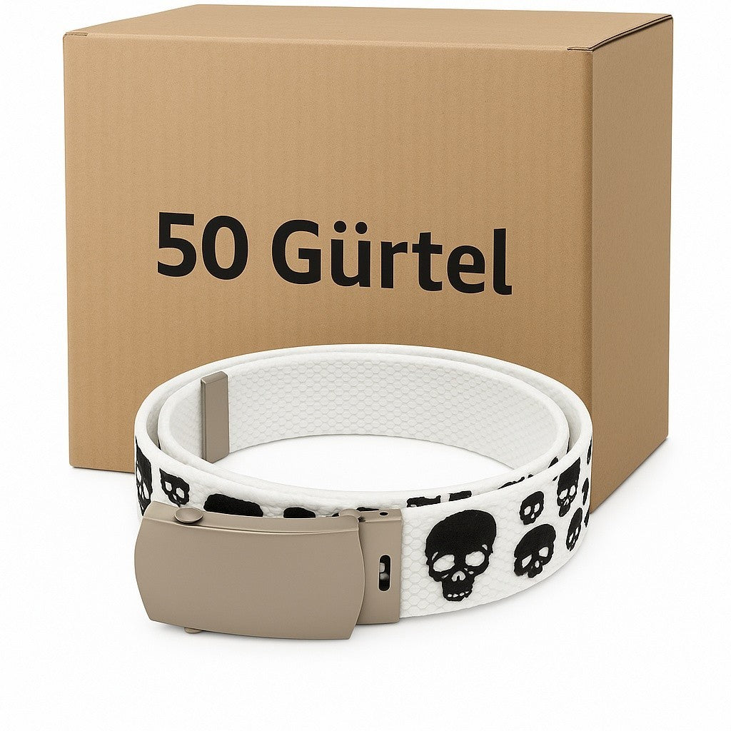 Aktion 50x Gürtel Weiß mit Totenköpfe Hüftgürtel Jeansgürtel Unisex Großhandel