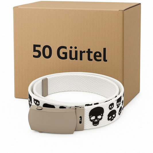 Aktion 50x Gürtel Weiß mit Totenköpfe Hüftgürtel Jeansgürtel Unisex Großhandel