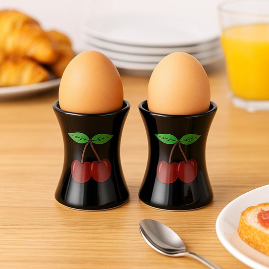 Eierbecher 2er Set Schwarz mit Kirschen Esstisch Geschenk Frühstück Keramik