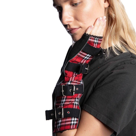 Armstulpen mit Metallschnallen Schwarz Rot Kariert Gothic Punk Rocker Accessoire