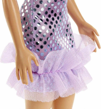 Mattel T7580 / HJR93 Barbie Puppe mit Lila Glitzer Kleid Blond Polka Dots