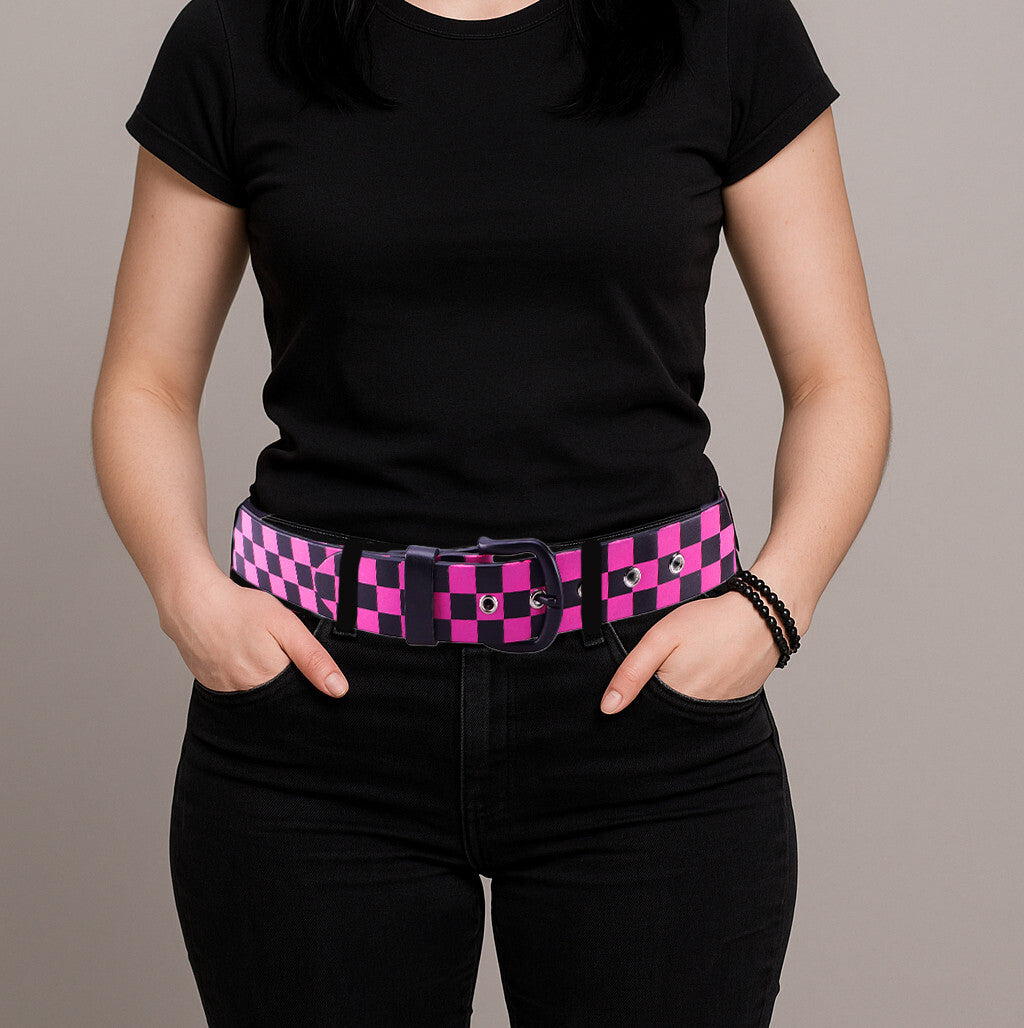 Ledergürtel Schwarz/Pink kariert Unisex Gürtel Belt Jeansgürtel Karomuster Mode Damen