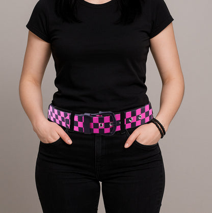 Ledergürtel Schwarz/Pink kariert Unisex Gürtel Belt Jeansgürtel Karomuster Mode Damen