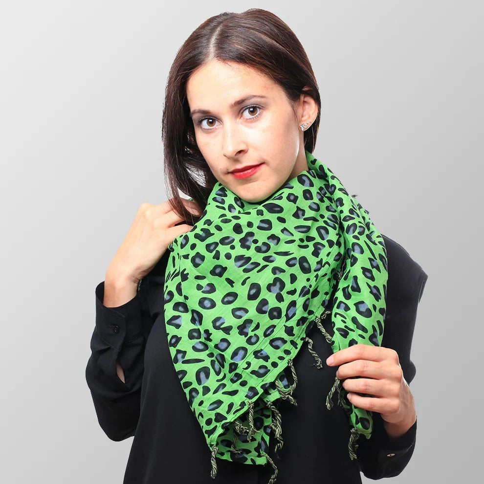 Tuch Leoparden Muster Grün Fransen Halstuch Damen Retro Vintage Tuch Animal Leo
