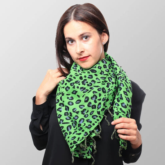 Tuch Leoparden Muster Grün Fransen Halstuch Damen Retro Vintage Tuch Animal Leo