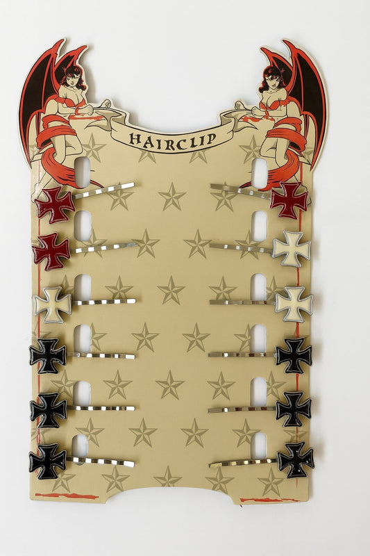 12x Haarklammern Kreuz Rot/Weiß/Schwarz Haarspangen Haarclips Gothic Rockabilly