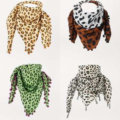 4er Set Leo Tücher Damen Halstuch Pompons Animal Print Boho  Boho Festival Schal