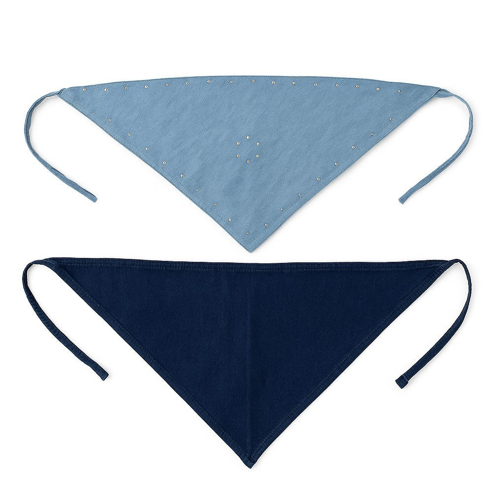 2er Set Bandana Kopftuch Dreieck Kopftuch in Jeans Hellblau Dunkelblau Nieten Dreiecktuch