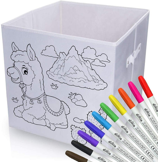 diMio Aufbewahrungsbox Lama 35x35x33cm zum bemalen inkl. Buntstifte Faltbox Korb