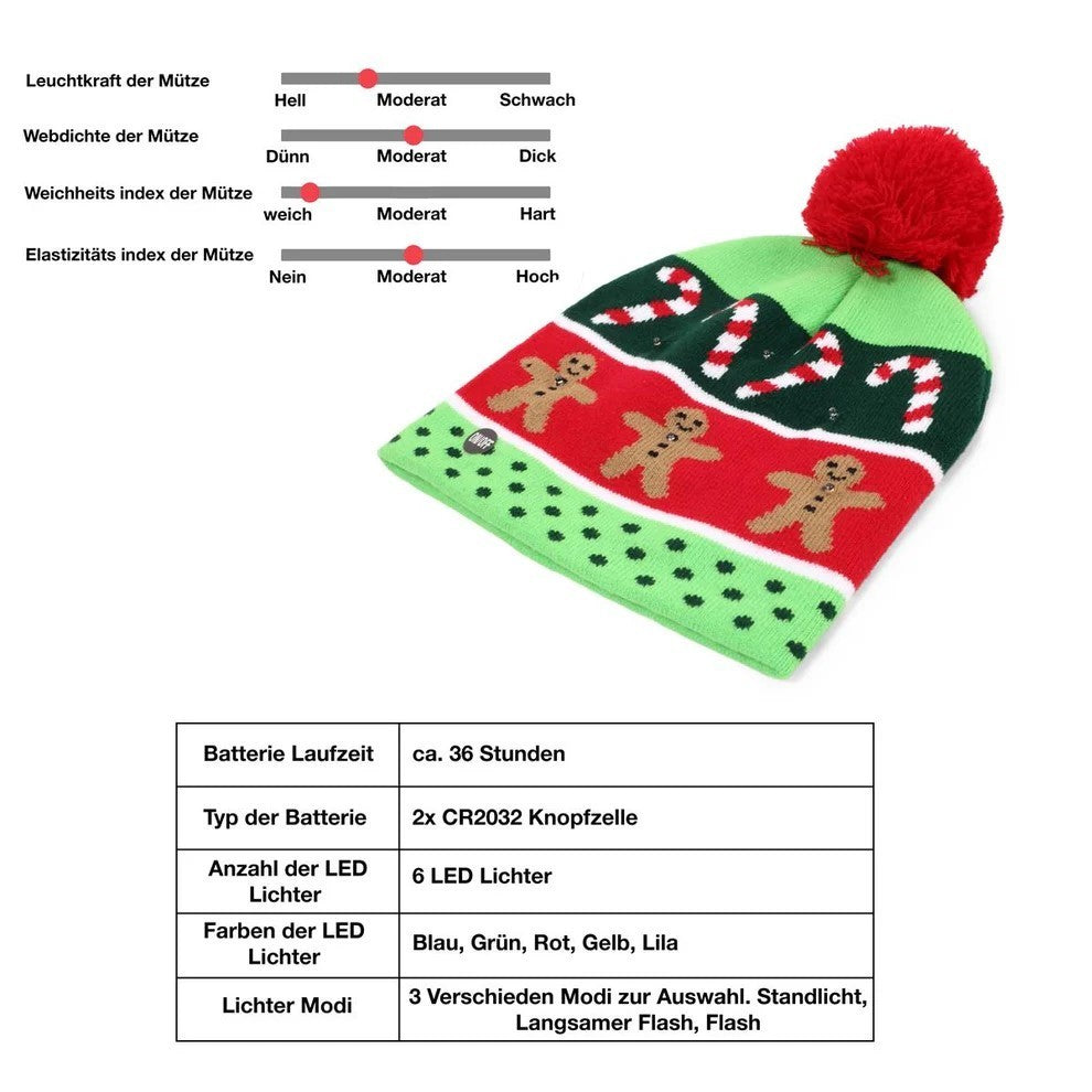 LED Licht Mütze Lebkuchen Weihnachtsmütze Weihnachten Bommel Beanie Strickmütze