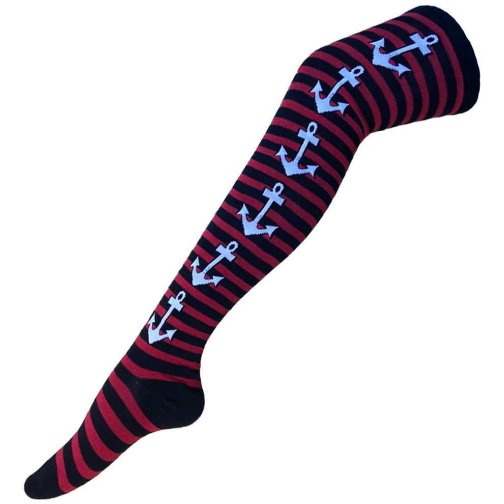 Overknee Socken gestreift Anker Rot Schwarz Gothic Punk Emo Festival schwarz