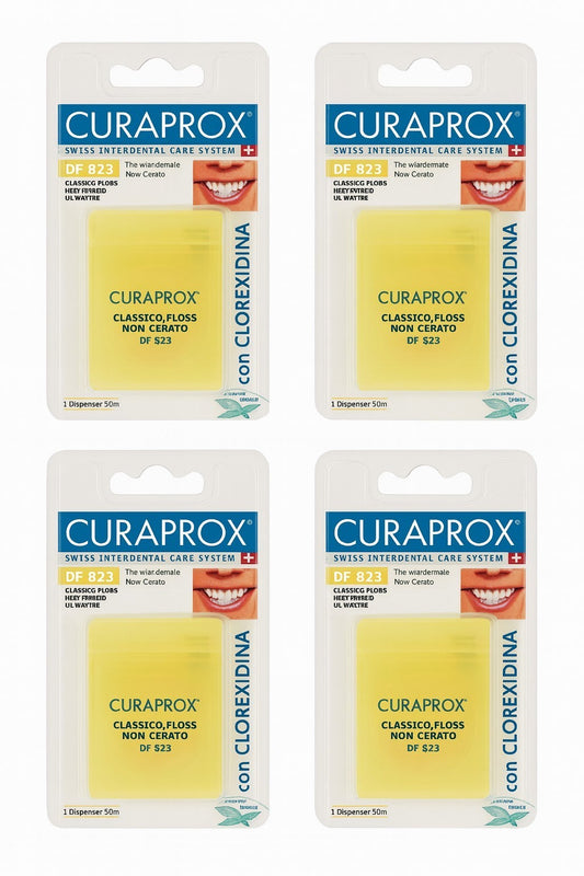 4er Set Curaprox DF 823 Classico Floss je 50m Spender Zahnseide Zahnreinigung