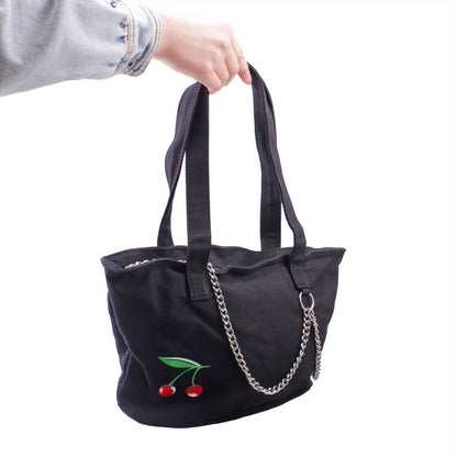 Modische Damen Handtasche mit Kirschprint & Zierkette 30x20cm kurzgriff kompakt