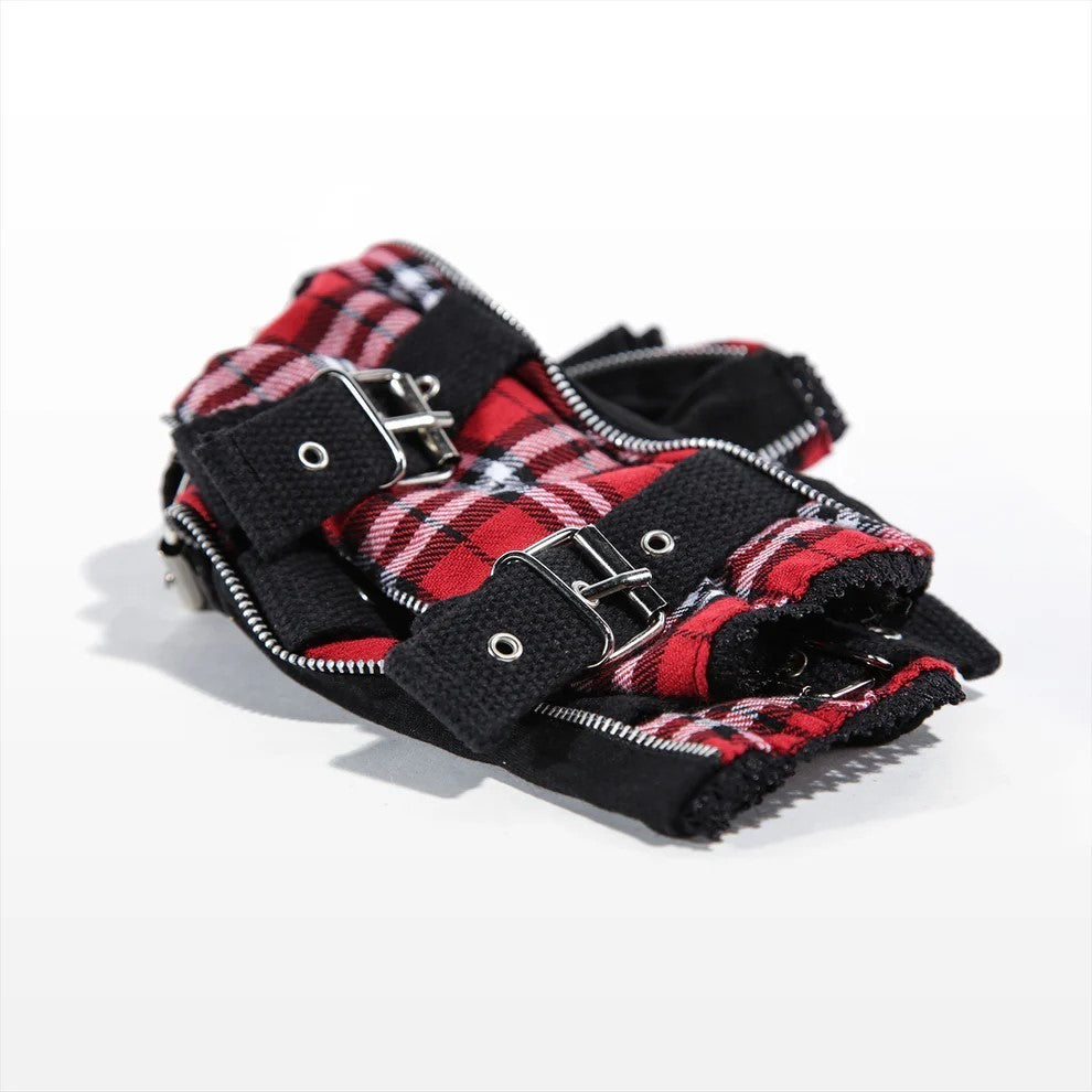 Armstulpen mit Metallschnallen Schwarz Rot Kariert Gothic Punk Rocker Accessoire