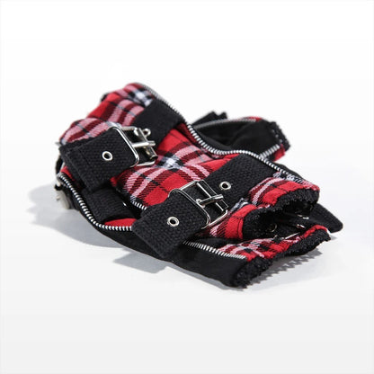 Armstulpen mit Metallschnallen Schwarz Rot Kariert Gothic Punk Rocker Accessoire