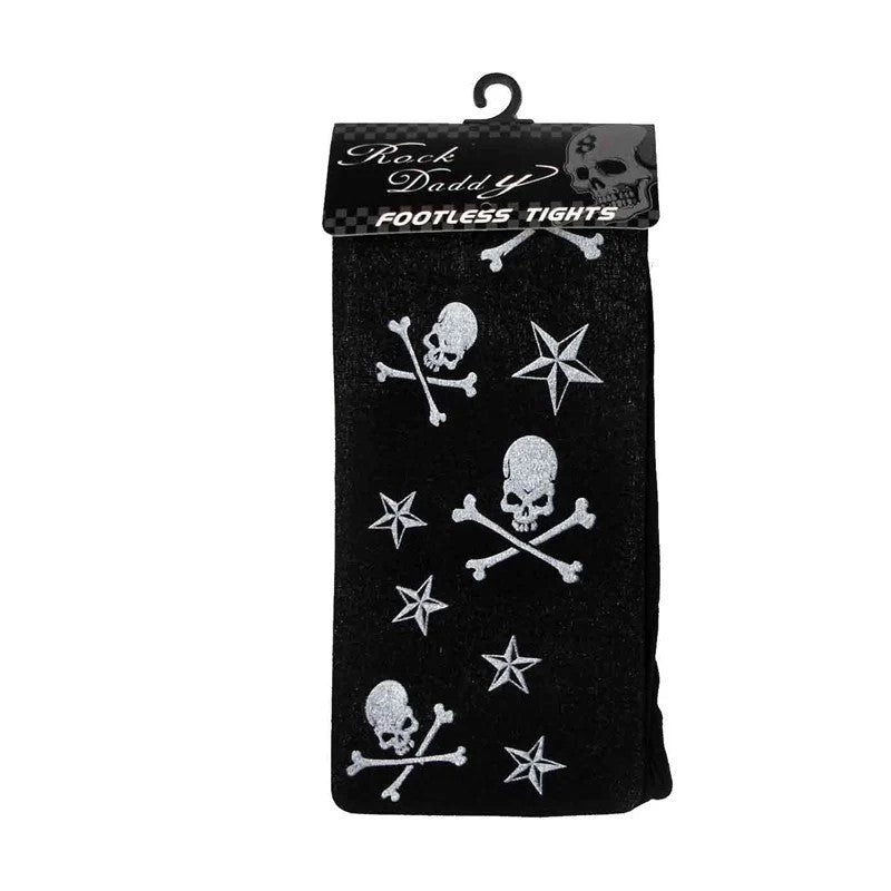 1x Schwarze Strumpfhose mit Piraten Totenkopf Sternen Muster Leggins Gothic Punk
