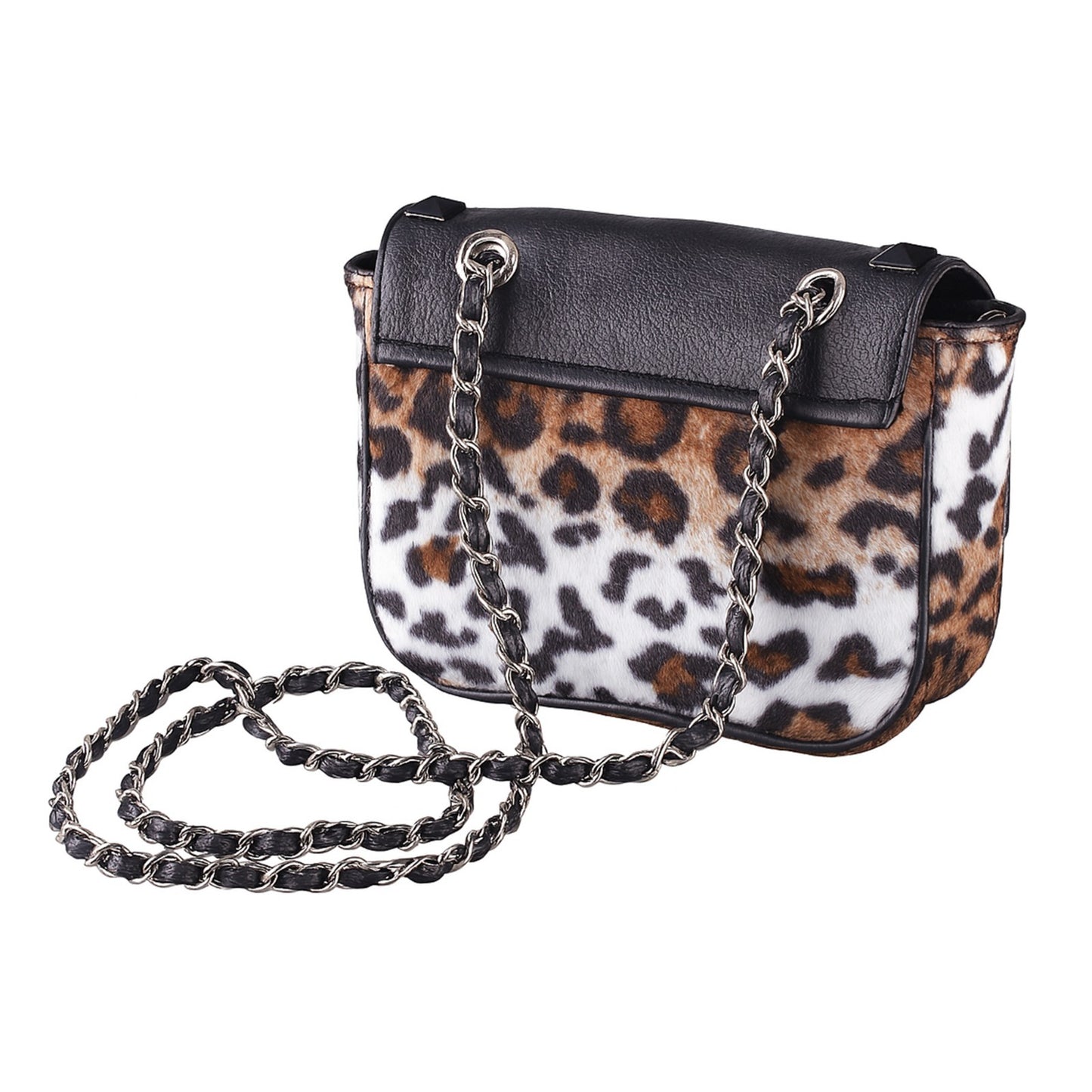 Umhängetasche Leopard Schwarz/Braun/Weiß Plüsch Tasche Studs Crossbody Damen