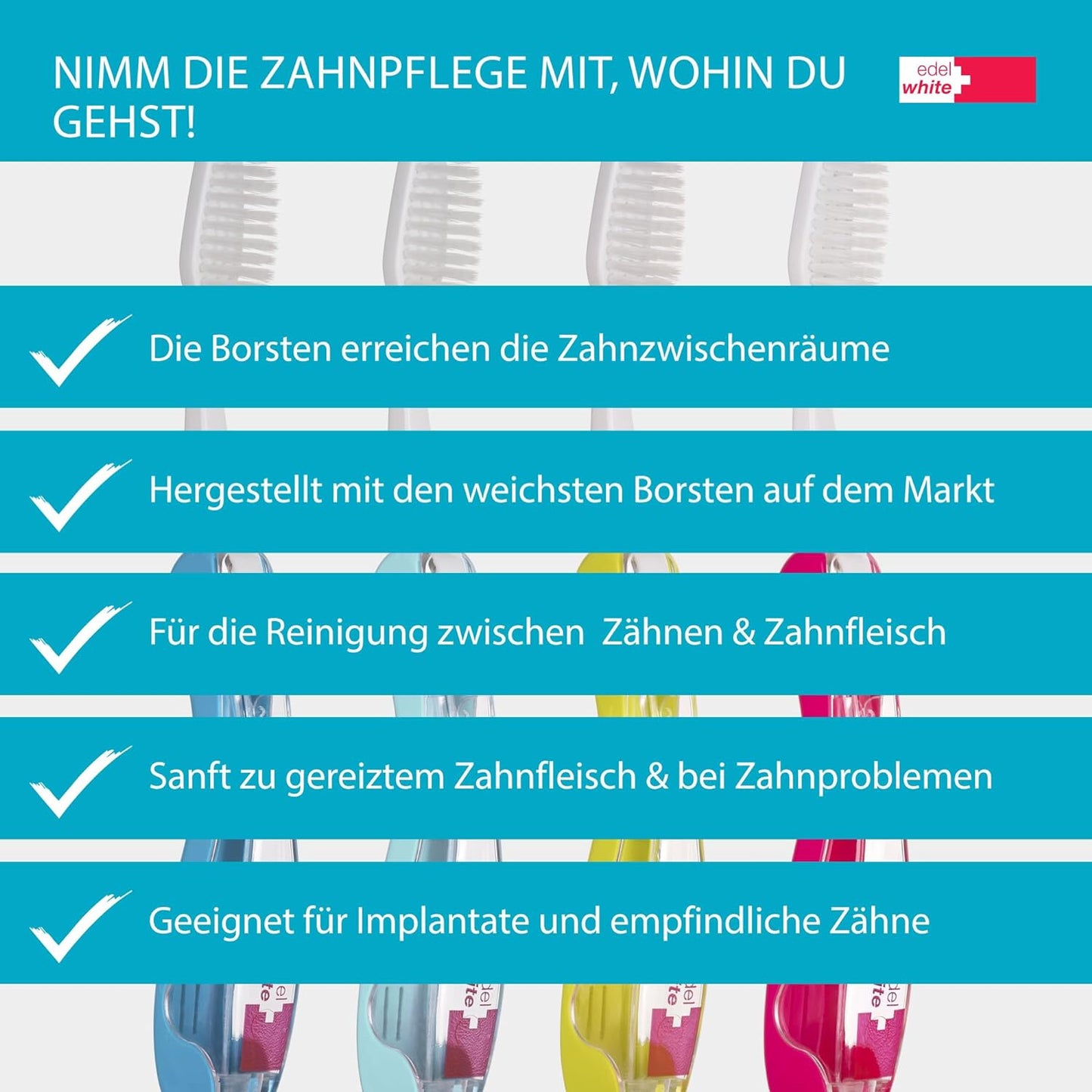 2x edel+white Flosserbrush TO GO Medium Zahnbürste Reisezahnbürsten einklappbar