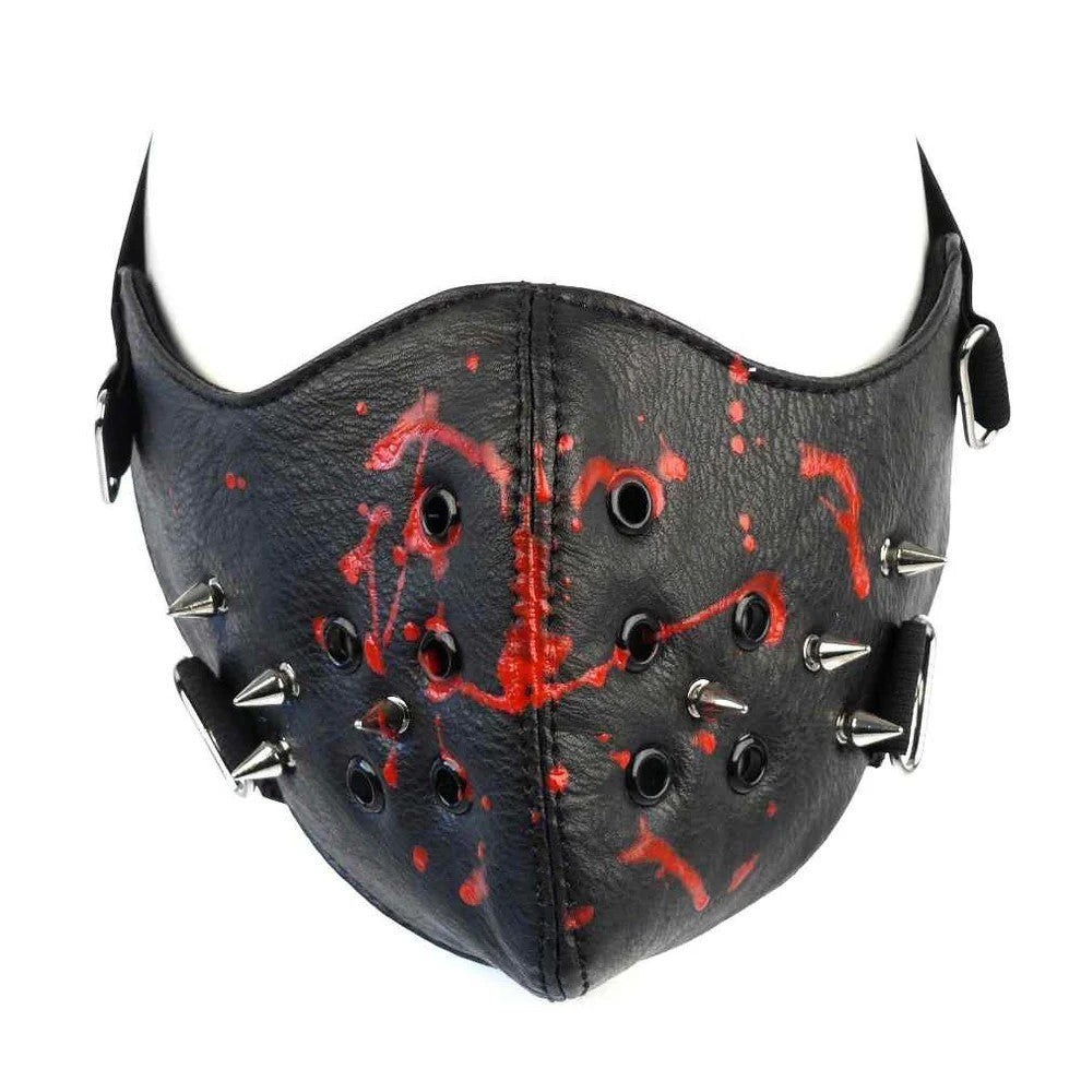 Maske Schwarz Leder mit Spikes Blood Shot Halbmaske Gesichtsmaske Horror Grusel