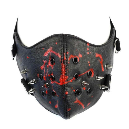 Maske Schwarz Leder mit Spikes Blood Shot Halbmaske Gesichtsmaske Horror Grusel