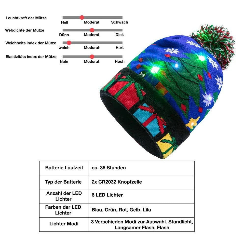 3er Set LED Licht Mütze Let it Snow & Dino Hell-Dunkelblau Weihnachtsmütze Weihnachten