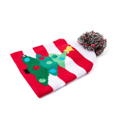 LED Licht Mütze Rot Weiße Tanne Weihnachtsmütze Weihnachten Bommel Beanie Strickmütze