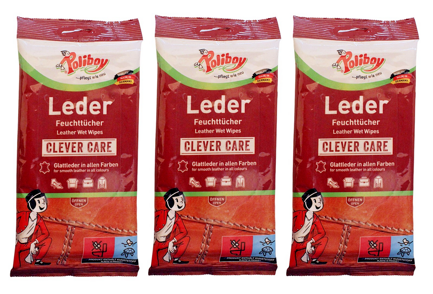 3x Poliboy Lederpflege Feuchttücher 3x20 Stk Reinigung Schutz Pflege Glanz Leder