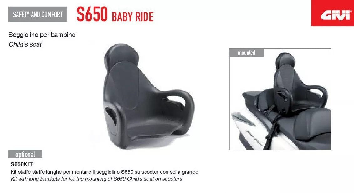Kindersitz Givi S650 Universal Verkehr Motorrad Roller OHNE MONTAGEZUBEHÖR