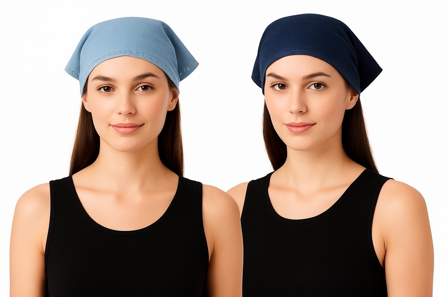 2er Set Bandana Kopftuch Dreieck Kopftuch in Jeans Hellblau Dunkelblau Nieten Dreiecktuch