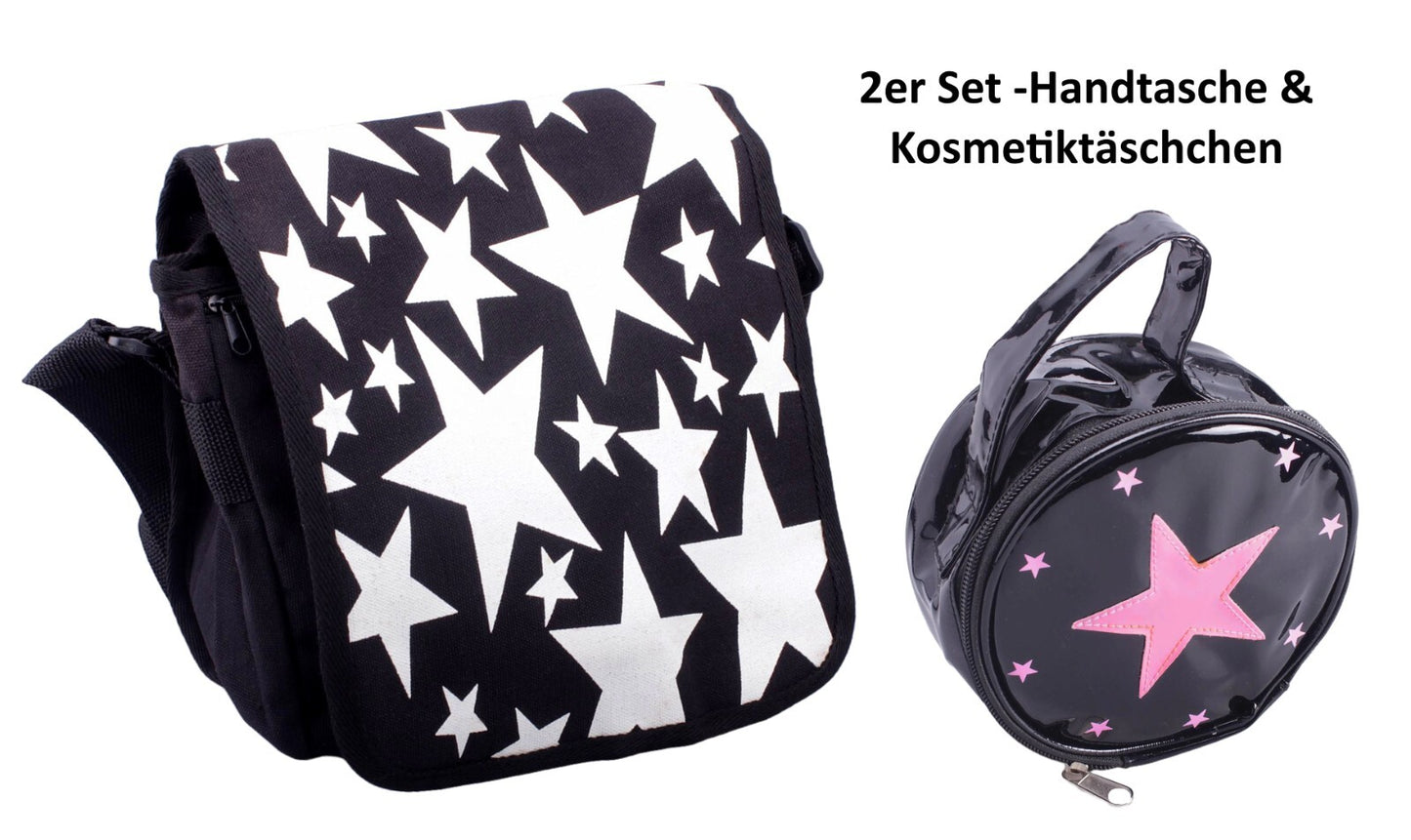 Taschen-Set Damen Schultertasche Handtasche Kosmetiktasche Sterne schwarz weiß rosa