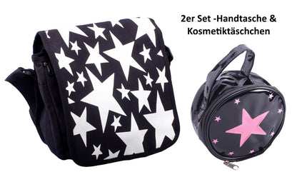 Taschen-Set Damen Schultertasche Handtasche Kosmetiktasche Sterne schwarz weiß rosa