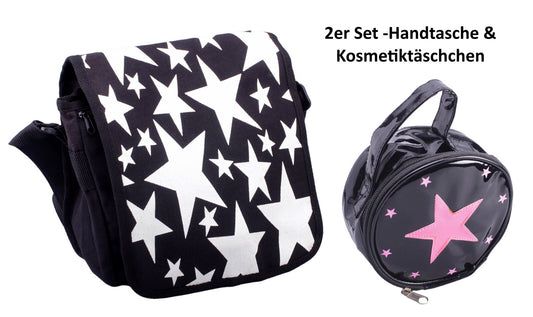 Taschen-Set Damen Schultertasche Handtasche Kosmetiktasche Sterne schwarz weiß rosa