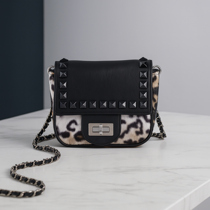 Umhängetasche Leopard Schwarz/Braun/Weiß Plüsch Tasche Studs Crossbody Damen