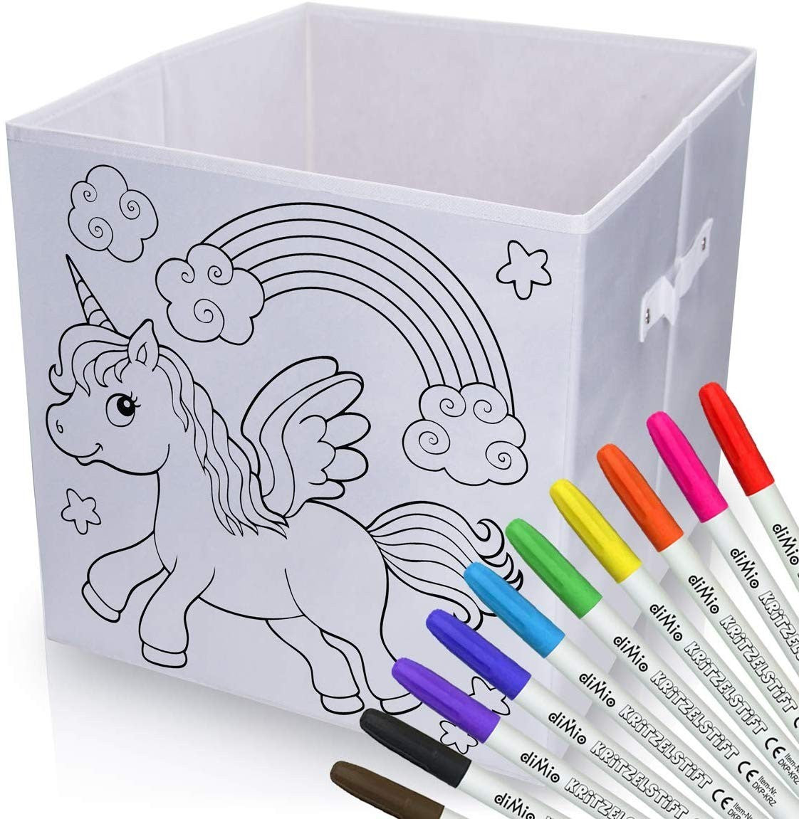 diMio Aufbewahrungsbox Einhorn 35x35x33cm zum bemalen inkl. Buntstifte Faltbox