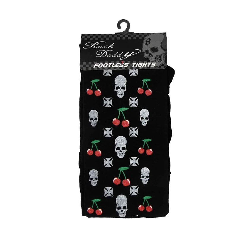 1x Schwarze Strumpfhose Totenkopf Skull Kirschen Footless Gothic Punk Rock Leggins