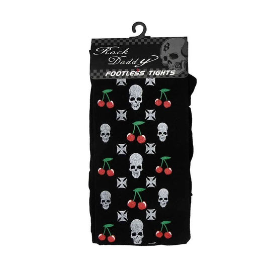 1x Schwarze Strumpfhose Totenkopf Skull Kirschen Footless Gothic Punk Rock Leggins