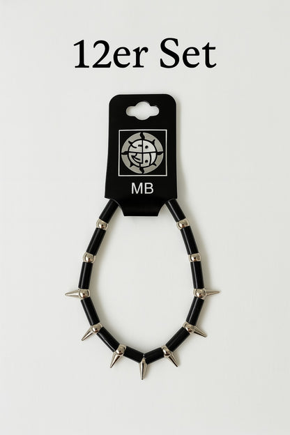 12er Set Armbänder Schwarz/Silber Spikes Rock Metal Biker Punk Gothic Giveaways