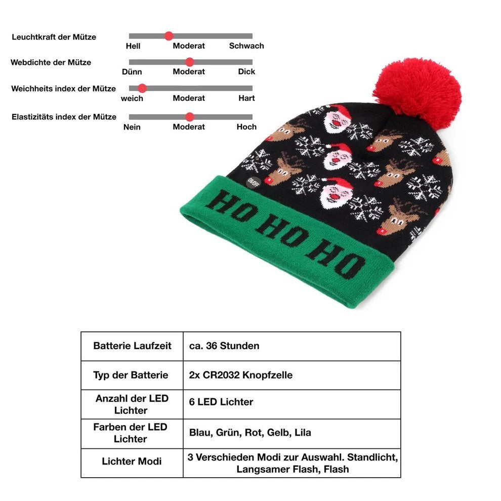 2er Set LED Licht Mütze Rotes Rentier & HoHoHo Weihnachtsmütze Weihnachten Strickmütze