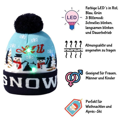 2er Set LED Licht Mütze Let it Snow Dunkel- & Hellblau Weihnachtsmütze Strickmütze