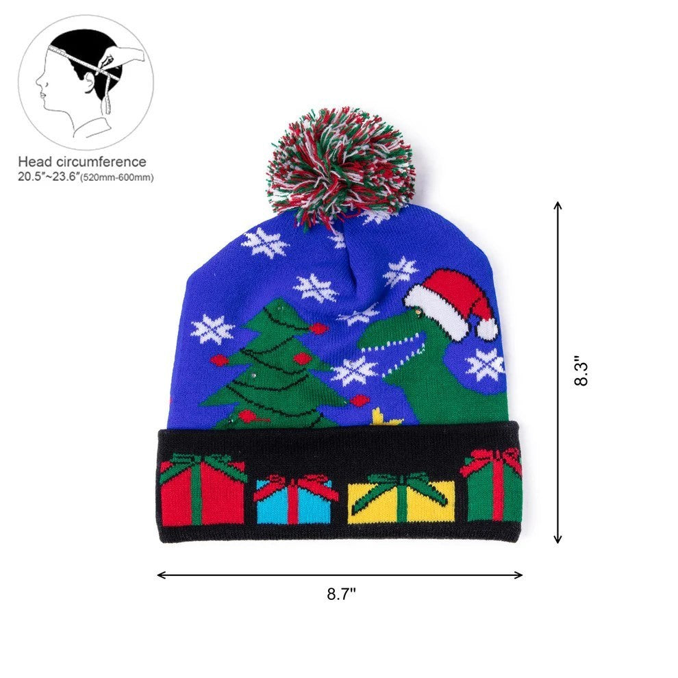 3er Set LED Licht Mütze Let it Snow & Dino Hell-Dunkelblau Weihnachtsmütze Weihnachten