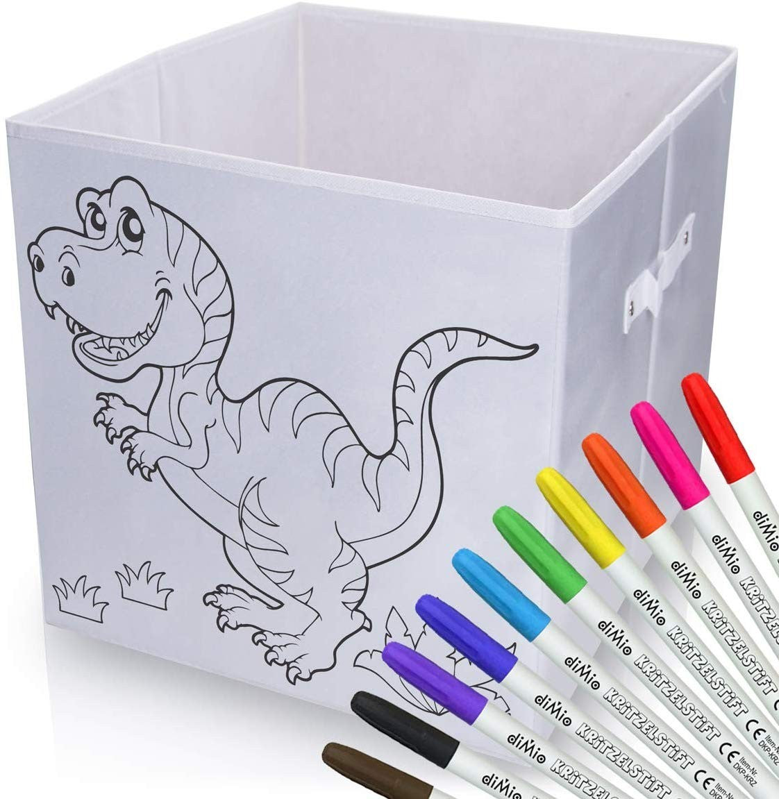 diMio Aufbewahrungsbox Dinosaurier 35x35x33cm zum bemalen inkl. Buntstifte Korb