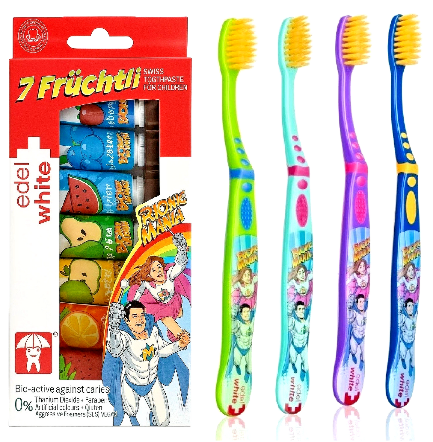 edel+white 7 Früchtli Zahnpasta Kinder mit 4 Kinderzahnbürsten Ultrasoft Borsten