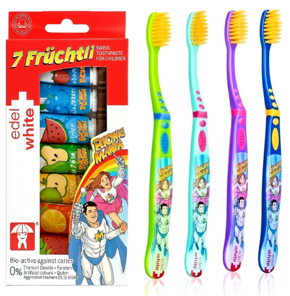 edel+white 7 Früchtli Zahnpasta Kinder mit 4 Kinderzahnbürsten Ultrasoft Borsten