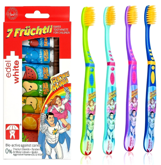 edel+white 7 Früchtli Zahnpasta Kinder mit 4 Kinderzahnbürsten Ultrasoft Borsten