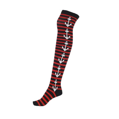 2 Paar lange Socken ringel Anker Motiv Overknees Gothic Punk Emo Rockabilly rot